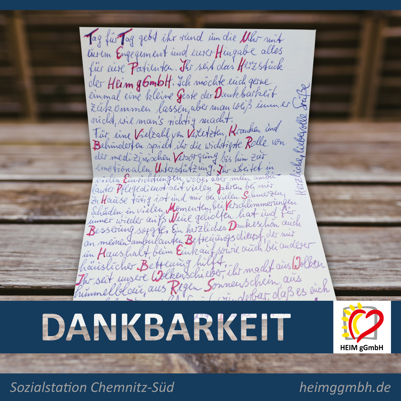 Die Sozialstation Chemnitz-Süd der HEIM gemeinnützigen GmbH erhielt dieses warmherzigen Brief zum Tag der Pflege.