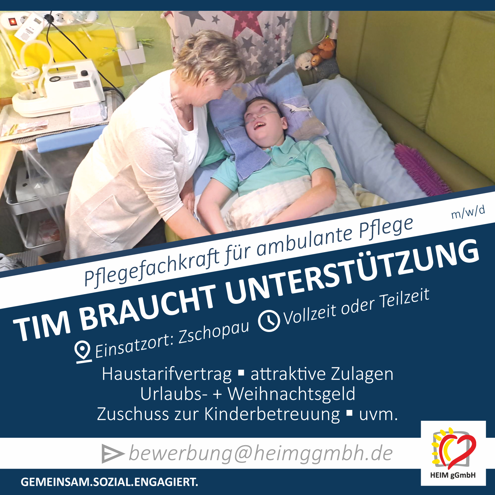 Tim braucht Unterstützung - Stellenangebot für Pflegefachkraft (m/w/d) bei der HEIM gemeinnützigen GmbH - Einsatzort Zschopau