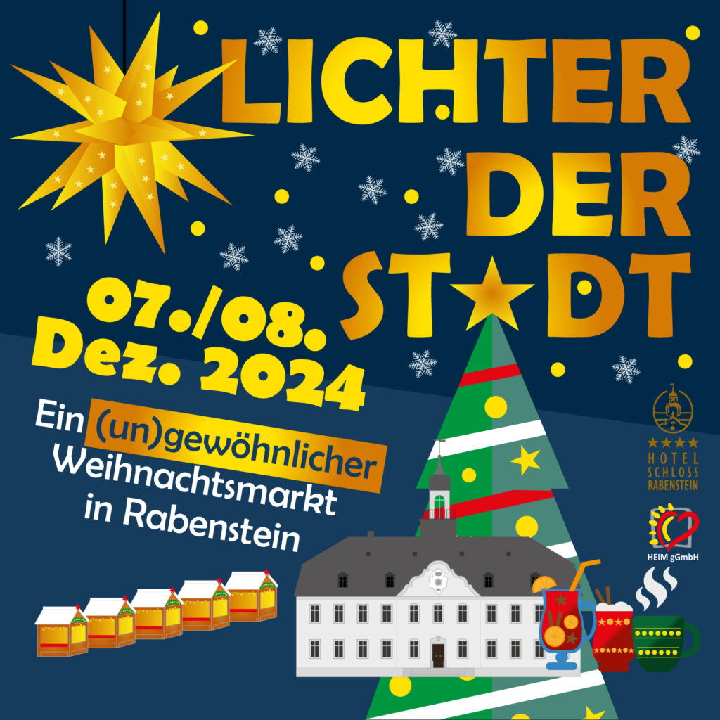 Am Schloss Rabenstein, einer Tochtergesellschaft unseres Unternehmens, erstrahlen auch 2024 wieder die Lichter der Stadt auf dem (un)gewöhnlichen Weihnachtsmarkt, der mit Kunst, Kultur, Musik, Glühwein, Kinderpunsch und leckeren Köstlichkeiten bezaubert.